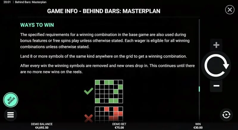 Behind Bars Masterplan - résumé des lignes gagnantes et des combinaisons